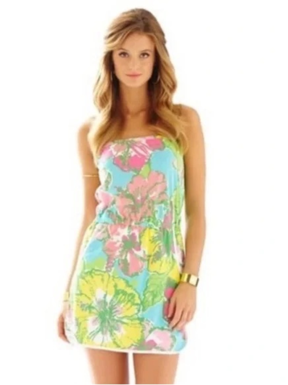Lilly Pulitzer Strapless Floral Mini Romper in Aqua, Pink & Yellow